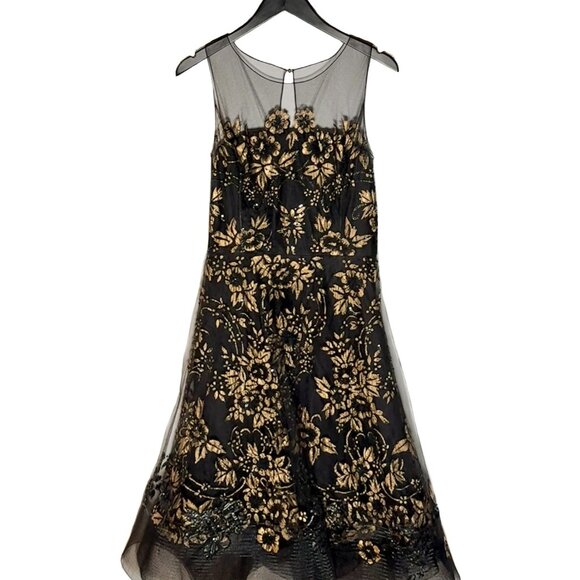 Oscar De La Renta FW14 Black Gold Tulle Embroidered Sleeveless Dress - Picture 1 of 11